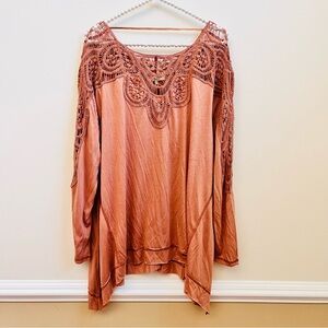 Crochet Lace Detail Long Sleeve Shark Bite Caramel Blouse NWT Kori America